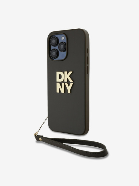 DKNY PU kožený zadný kryt s logom Stack Wrist Strap pre iPhone 15 Pro Max Brown DKNY