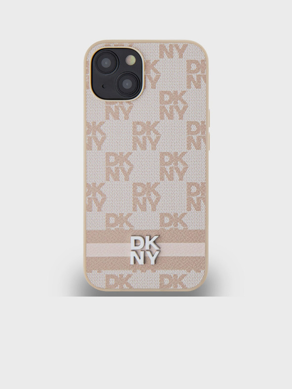 DKNY PU kožený zadný kryt so šachovnicovým vzorom a prúžkami pre iPhone 14 Pink DKNY