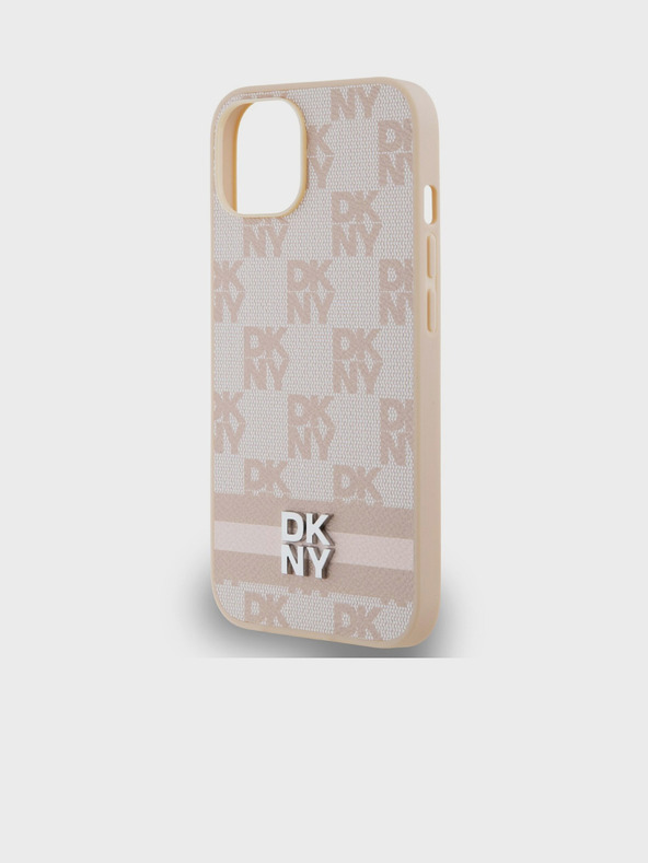 DKNY PU kožený zadný kryt so šachovnicovým vzorom a prúžkami pre iPhone 14 Pink DKNY