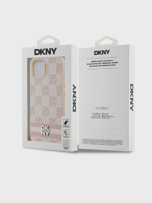 DKNY PU kožený zadný kryt so šachovnicovým vzorom a prúžkami pre iPhone 14 Pink DKNY