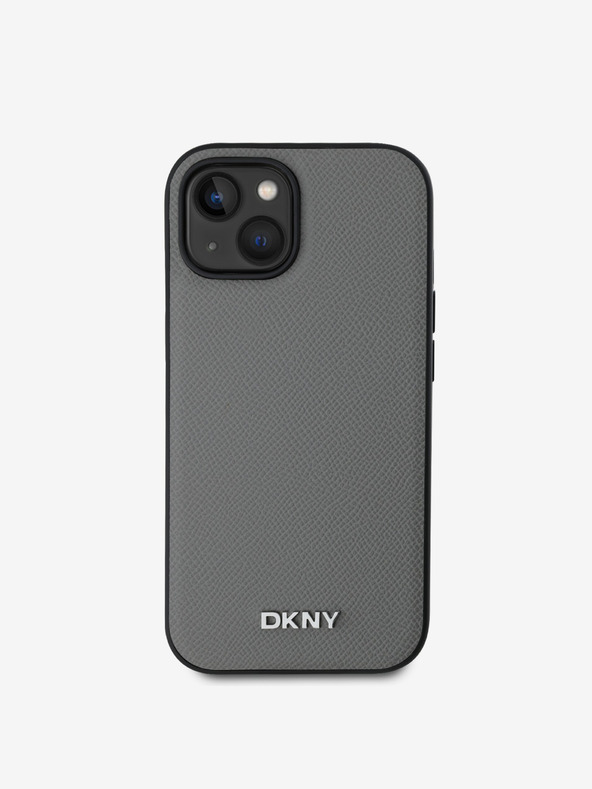 DKNY PU kožený strieborný kovový zadný kryt s logom Magsafe pre iPhone 13 sivý DKNY