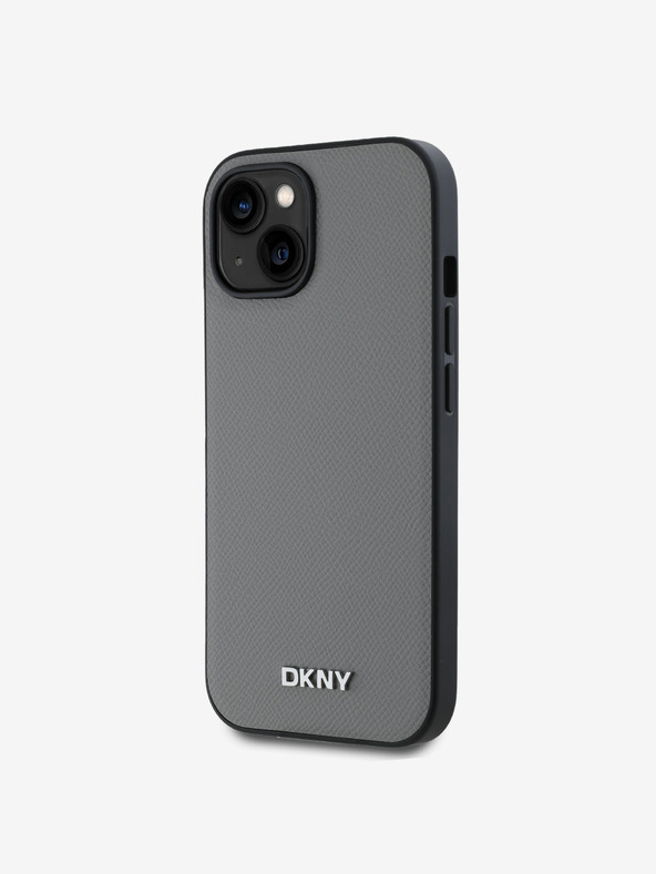 DKNY PU kožený strieborný kovový zadný kryt s logom Magsafe pre iPhone 13 sivý DKNY