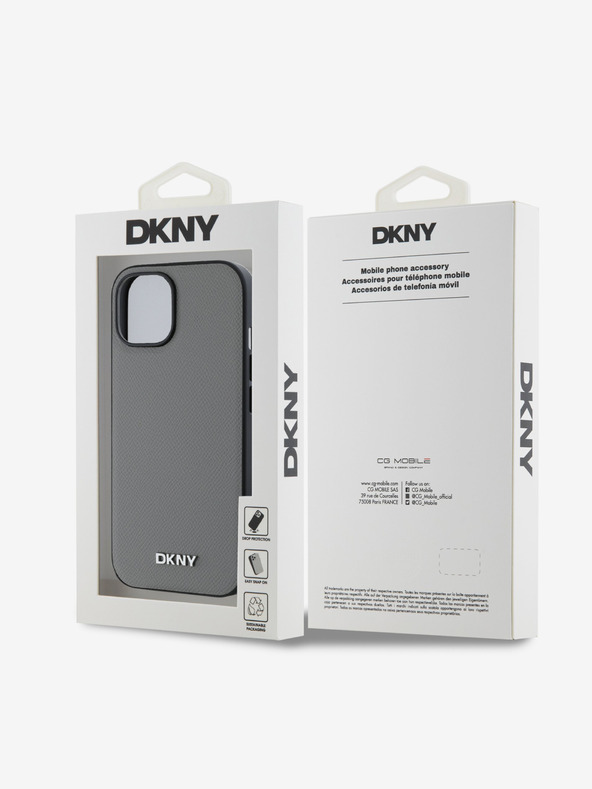 DKNY PU kožený strieborný kovový zadný kryt s logom Magsafe pre iPhone 13 sivý DKNY