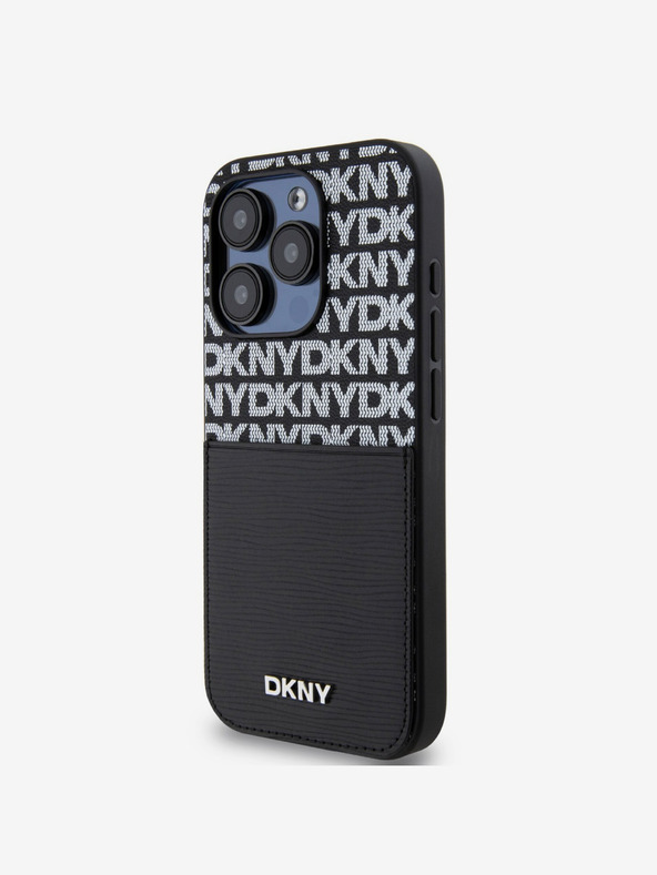 DKNY PU kožený zadný kryt s opakovaným vzorom vrecka na kartu pre iPhone 14 Pro Max Black DKNY