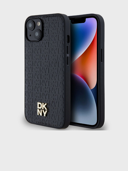 DKNY PU kožený zadný kryt Repeat Pattern Stack Logo Magsafe pre iPhone 15 Black DKNY