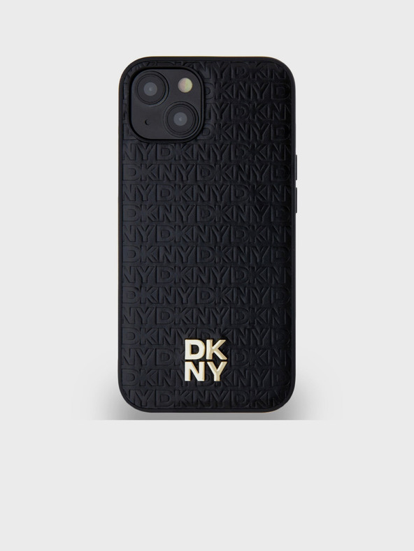 DKNY PU kožený zadný kryt Repeat Pattern Stack Logo Magsafe pre iPhone 15 Black DKNY