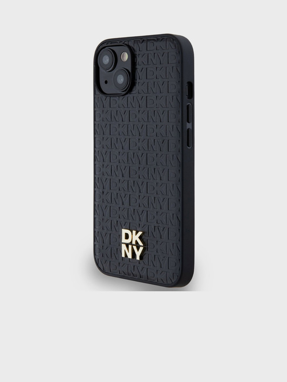 DKNY PU kožený zadný kryt Repeat Pattern Stack Logo Magsafe pre iPhone 15 Black DKNY