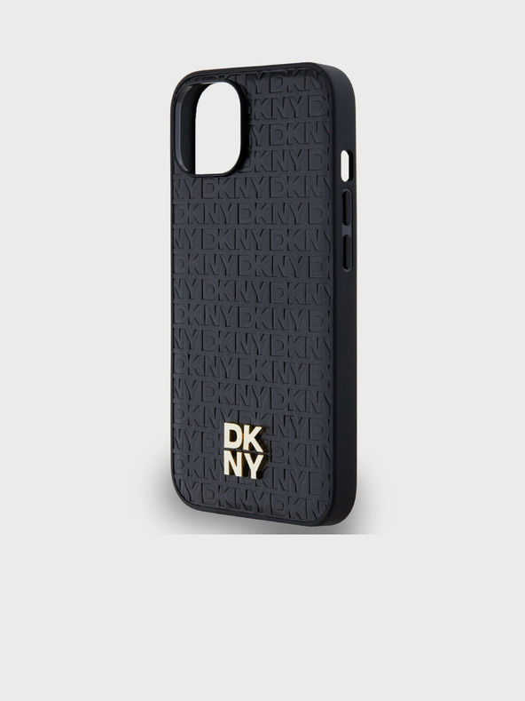 DKNY PU kožený zadný kryt Repeat Pattern Stack Logo Magsafe pre iPhone 15 Black DKNY