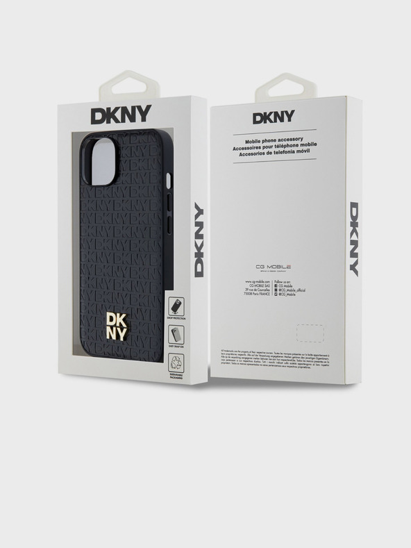 DKNY PU kožený zadný kryt Repeat Pattern Stack Logo Magsafe pre iPhone 15 Black DKNY