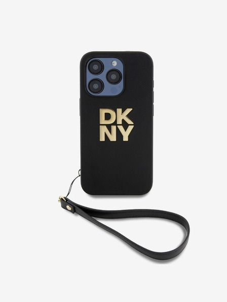 DKNY PU kožený zadný kryt s logom Stack Wrist Strap pre iPhone 15 Pro Black DKNY