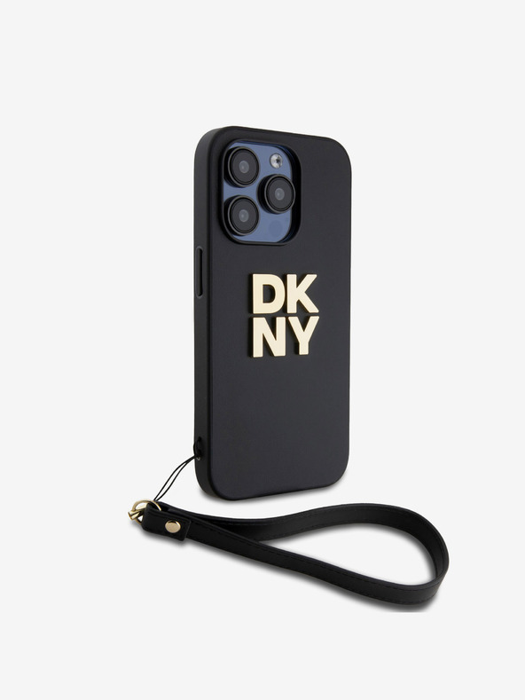DKNY PU kožený zadný kryt s logom Stack Wrist Strap pre iPhone 15 Pro Black DKNY