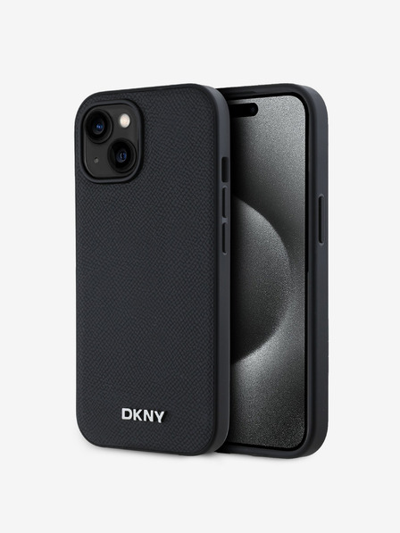 DKNY PU kožený zadný kryt Silver Metal Logo Magsafe pre iPhone 13 Black DKNY