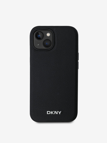 DKNY PU kožený strieborný kovový zadný kryt s logom Magsafe pre iPhone 15 čierny DKNY