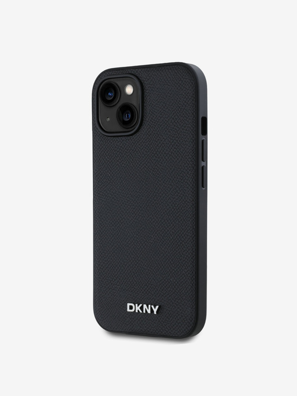 DKNY PU kožený strieborný kovový zadný kryt s logom Magsafe pre iPhone 15 čierny DKNY