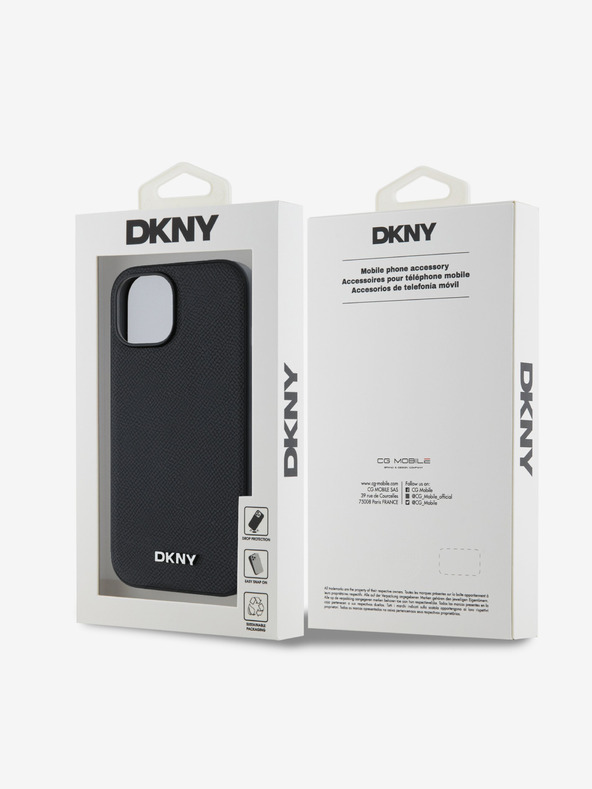 DKNY PU kožený strieborný kovový zadný kryt s logom Magsafe pre iPhone 15 čierny DKNY