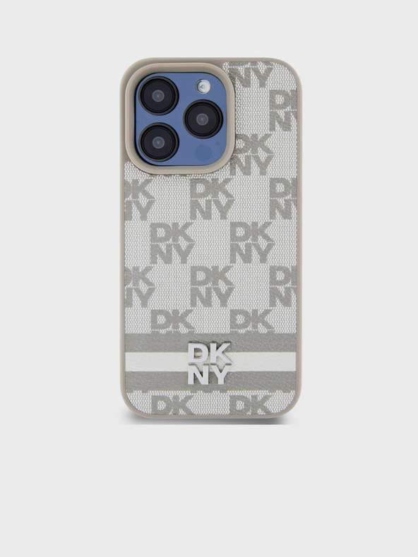 DKNY PU kožený zadný kryt so šachovnicovým vzorom a pruhmi pre iPhone 15 Pro Max Beige DKNY