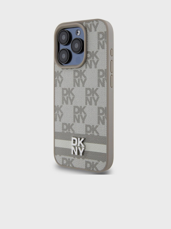 DKNY PU kožený zadný kryt so šachovnicovým vzorom a pruhmi pre iPhone 15 Pro Max Beige DKNY