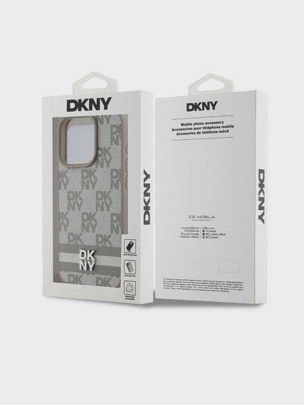 DKNY PU kožený zadný kryt so šachovnicovým vzorom a pruhmi pre iPhone 15 Pro Max Beige DKNY
