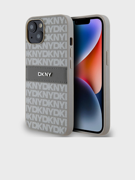 DKNY PU kožený zadný kryt Repeat Pattern Tonal Stripe pre iPhone 14 Beige DKNY