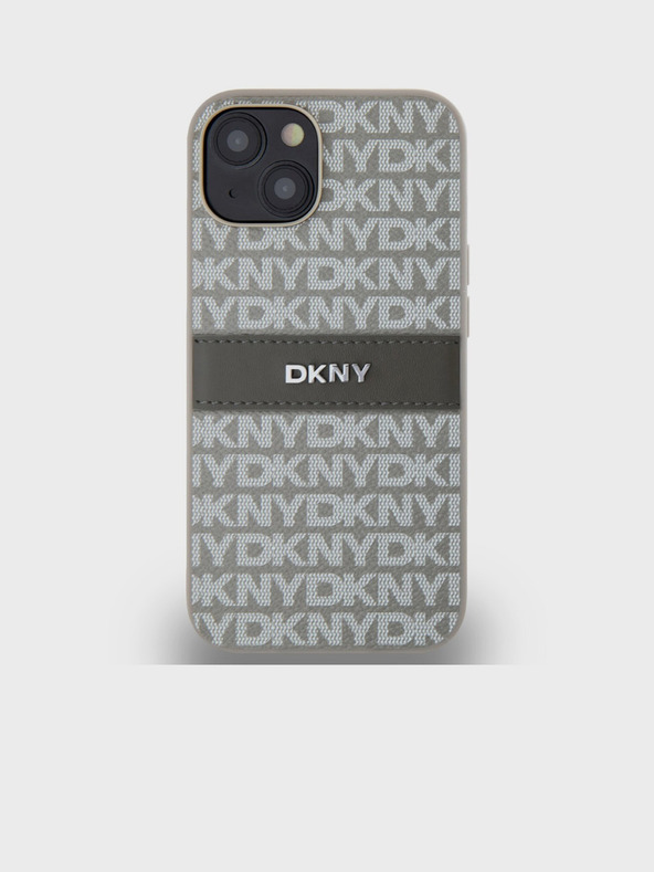 DKNY PU kožený zadný kryt Repeat Pattern Tonal Stripe pre iPhone 14 Beige DKNY