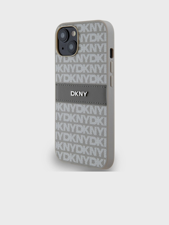 DKNY PU kožený zadný kryt Repeat Pattern Tonal Stripe pre iPhone 14 Beige DKNY