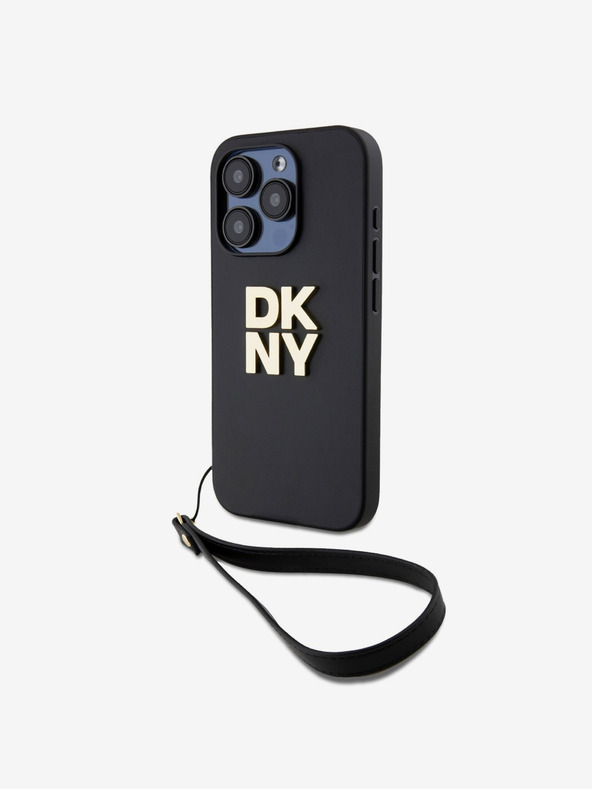 DKNY PU kožený zadný kryt s logom Stack Wrist Strap pre iPhone 14 Pro Max Black DKNY