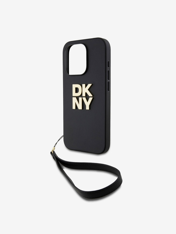 DKNY PU kožený zadný kryt s logom Stack Wrist Strap pre iPhone 14 Pro Max Black DKNY