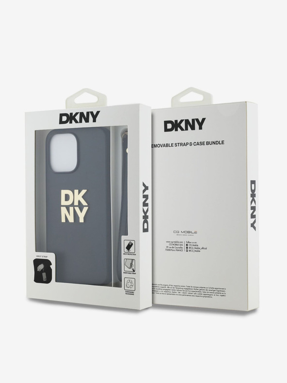 DKNY PU kožený zadný kryt s logom Stack Wrist Strap pre iPhone 14 Pro Max Black DKNY