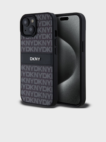 DKNY PU kožený zadný kryt Repeat Pattern Tonal Stripe pre iPhone 15 Black DKNY