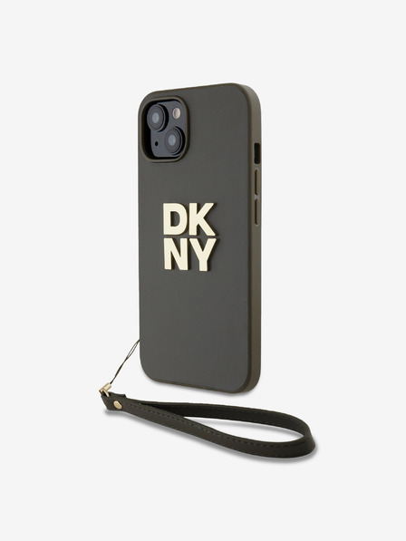 DKNY PU kožený zadný kryt s logom Stack Wrist Strap pre iPhone 14 Brown DKNY