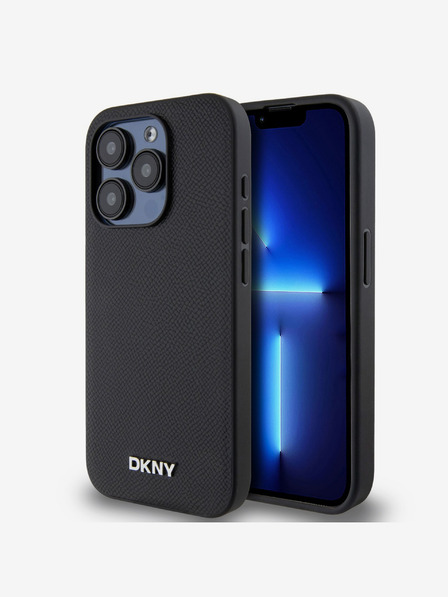 DKNY PU kožený strieborný kovový zadný kryt s logom Magsafe pre iPhone 15 Pro Max Black DKNY
