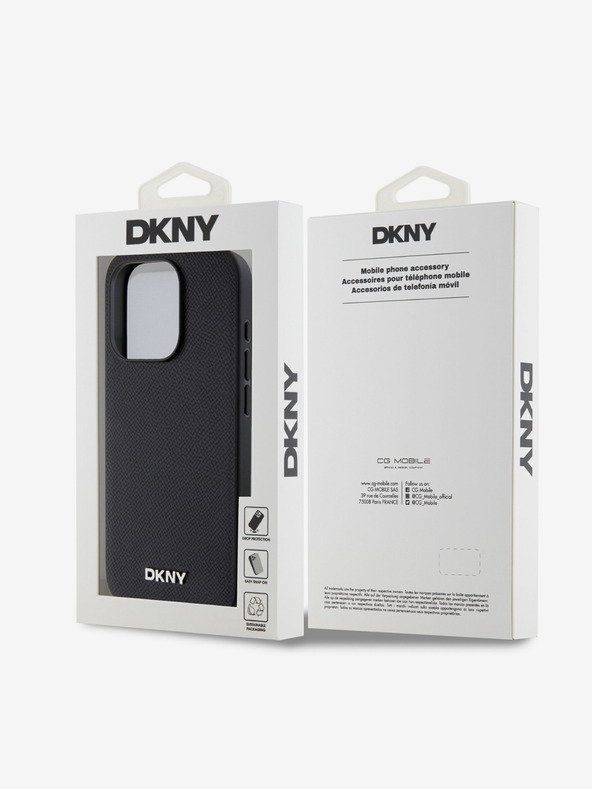 DKNY PU kožený strieborný kovový zadný kryt s logom Magsafe pre iPhone 15 Pro Max Black DKNY