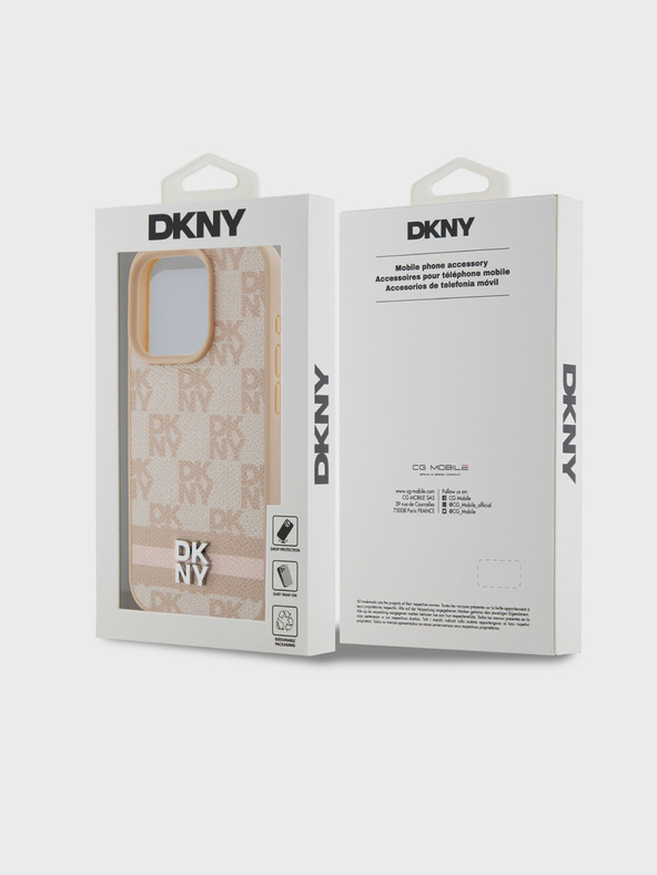 DKNY PU kožený zadný kryt so šachovnicovým vzorom a pruhmi pre iPhone 13 Pro Pink DKNY