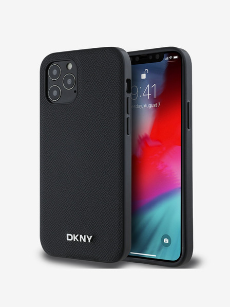 DKNY PU koža Strieborné kovové logo Magsafe zadný kryt pre iPhone 12/12 Pro čierny DKNY