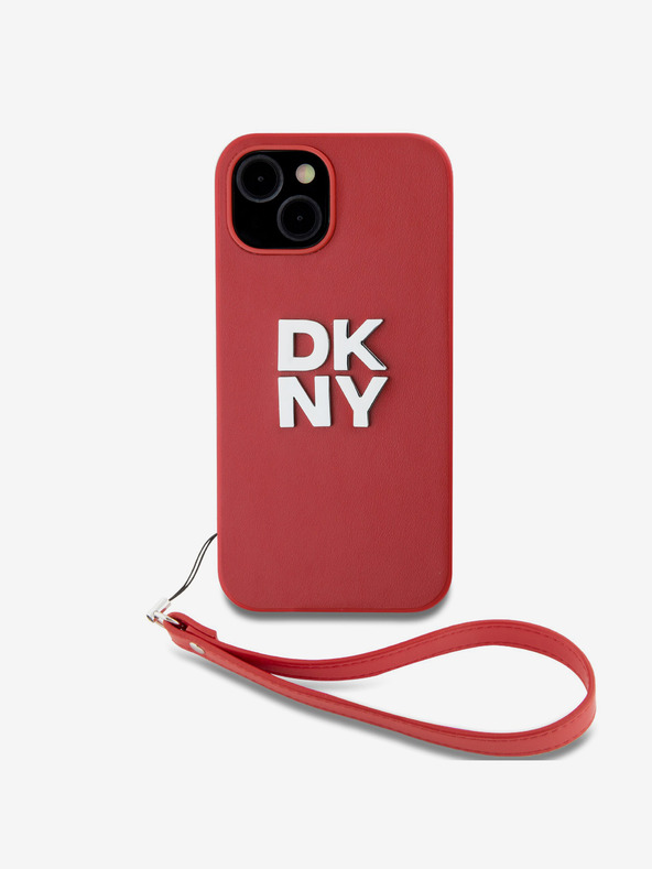 DKNY PU kožený zadný kryt s logom na zápästie pre iPhone 14 červený DKNY