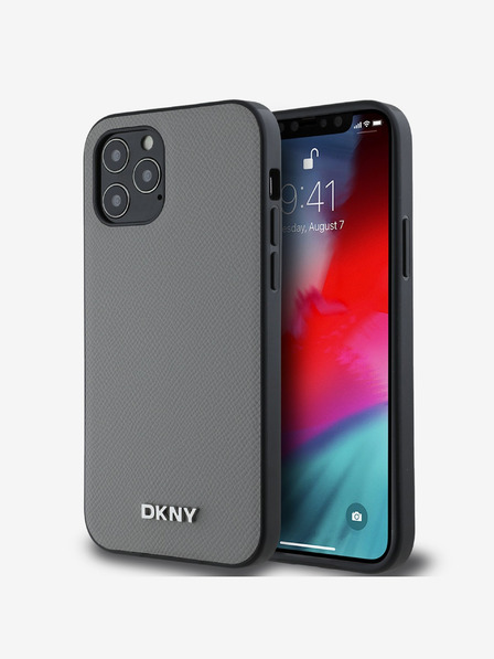 DKNY PU kožený strieborný kovový zadný kryt s logom Magsafe pre iPhone 12/12 Pro sivý DKNY