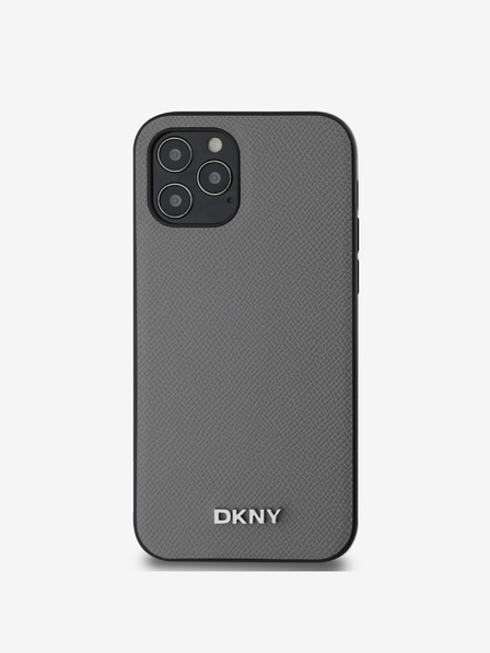 DKNY PU kožený strieborný kovový zadný kryt s logom Magsafe pre iPhone 12/12 Pro sivý DKNY