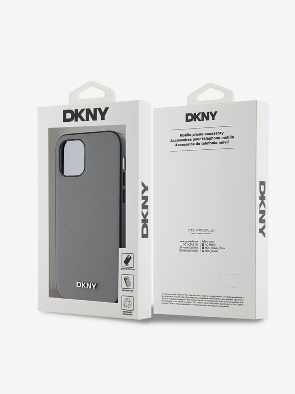 DKNY PU kožený strieborný kovový zadný kryt s logom Magsafe pre iPhone 12/12 Pro sivý DKNY