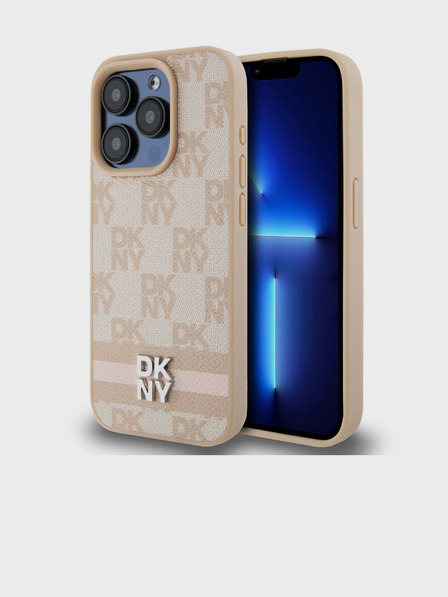 DKNY PU kožený zadný kryt so šachovnicovým vzorom a pruhmi pre iPhone 13 Pro Max Pink DKNY