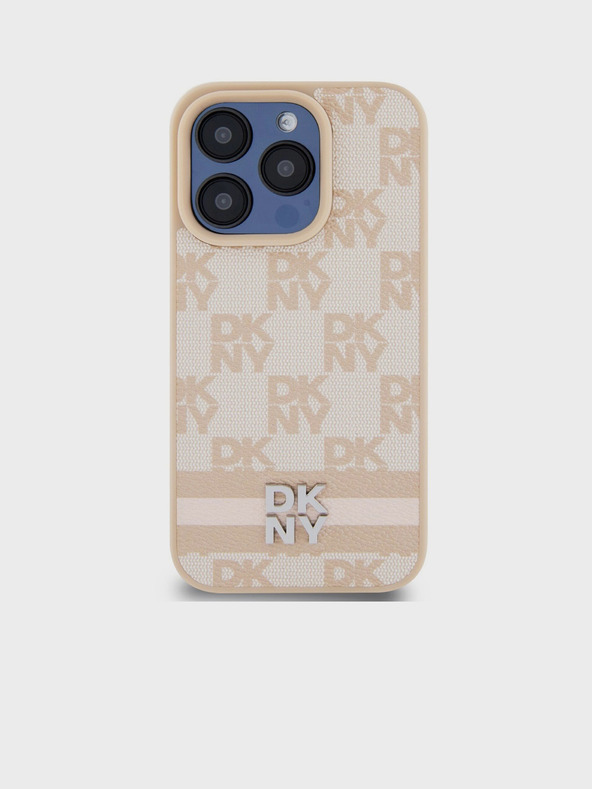 DKNY PU kožený zadný kryt so šachovnicovým vzorom a pruhmi pre iPhone 13 Pro Max Pink DKNY