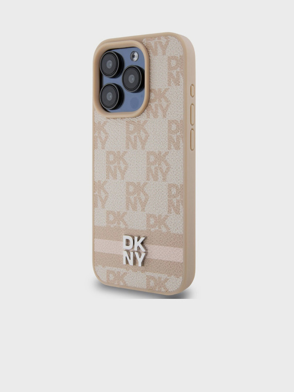 DKNY PU kožený zadný kryt so šachovnicovým vzorom a pruhmi pre iPhone 13 Pro Max Pink DKNY