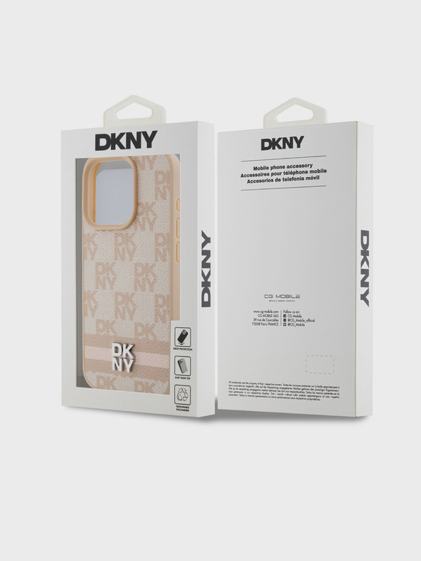 DKNY PU kožený zadný kryt so šachovnicovým vzorom a pruhmi pre iPhone 13 Pro Max Pink DKNY