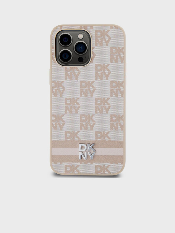 DKNY PU kožený zadný kryt so šachovnicovým vzorom a pruhmi pre iPhone 15 Pro Max Pink DKNY