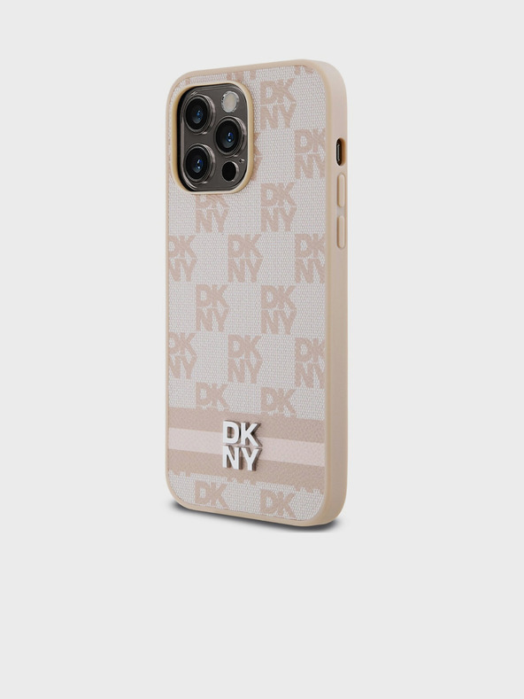 DKNY PU kožený zadný kryt so šachovnicovým vzorom a pruhmi pre iPhone 15 Pro Max Pink DKNY