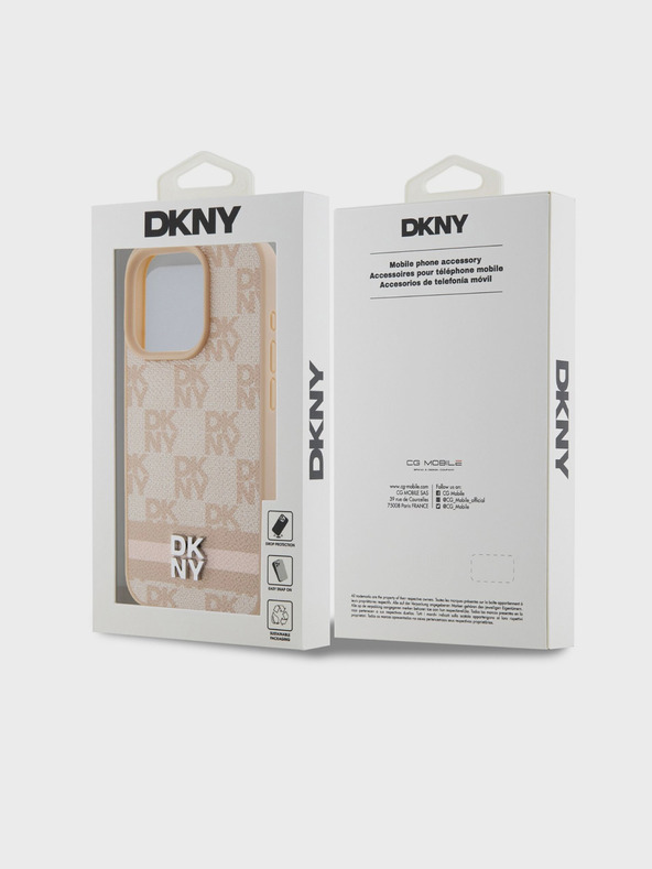 DKNY PU kožený zadný kryt so šachovnicovým vzorom a pruhmi pre iPhone 15 Pro Max Pink DKNY