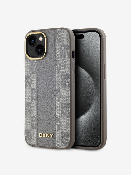 DKNY PU kožený károvaný zadný kryt Magsafe so vzorom pre iPhone 15 béžový DKNY