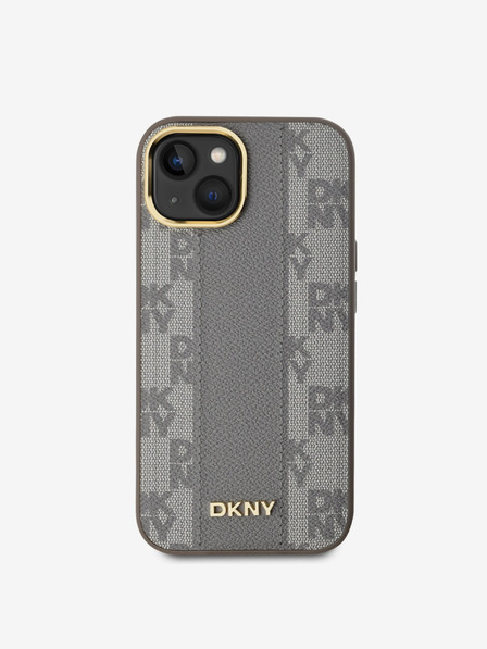DKNY PU kožený károvaný zadný kryt Magsafe so vzorom pre iPhone 15 béžový DKNY
