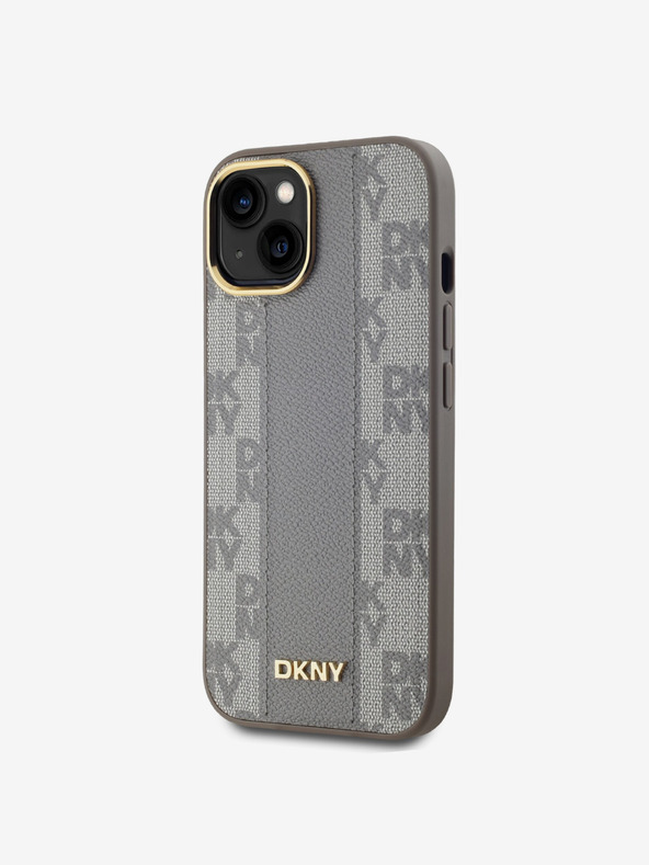 DKNY PU kožený károvaný zadný kryt Magsafe so vzorom pre iPhone 15 béžový DKNY