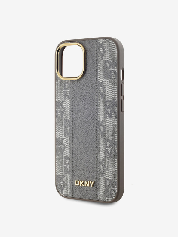 DKNY PU kožený károvaný zadný kryt Magsafe so vzorom pre iPhone 15 béžový DKNY