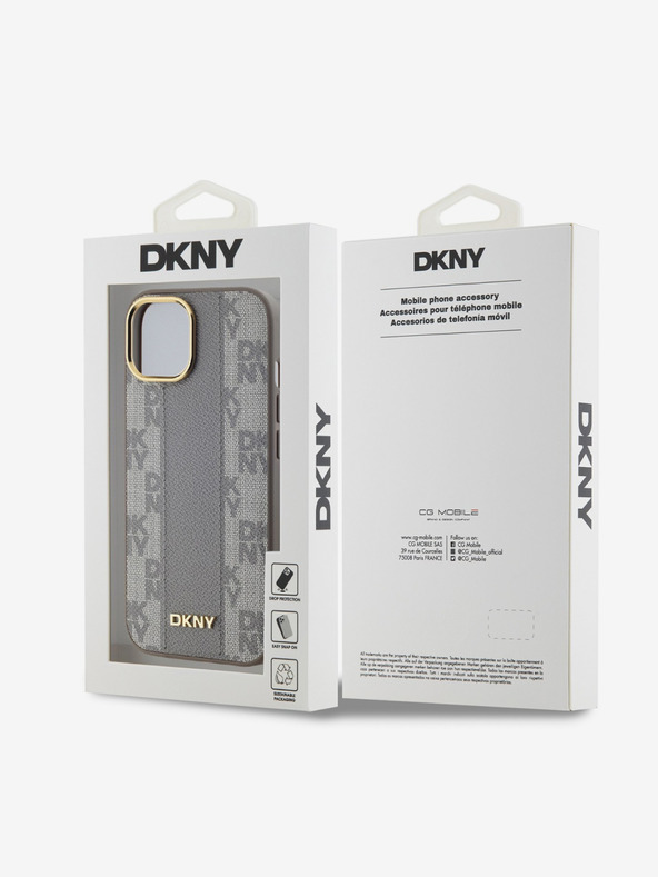 DKNY PU kožený károvaný zadný kryt Magsafe so vzorom pre iPhone 15 béžový DKNY